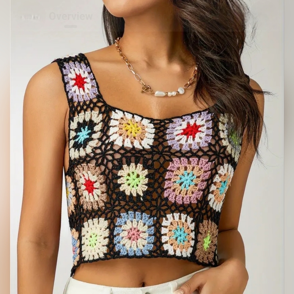 New Granny Square Crochet Coachella Cottagecore Sleeveless Crop Top One Size